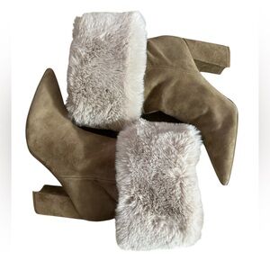 Nine West Chrissa Women’s Dark Natural Suede Faux Fur Heel Bootie Size 7.5